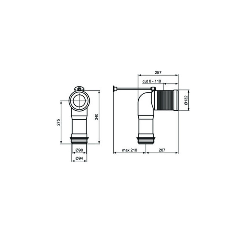 Curva tecnica Ideal standard per scarico a pavimento regolabile da 50 a 60 mm per sanitari traslati ART T002767