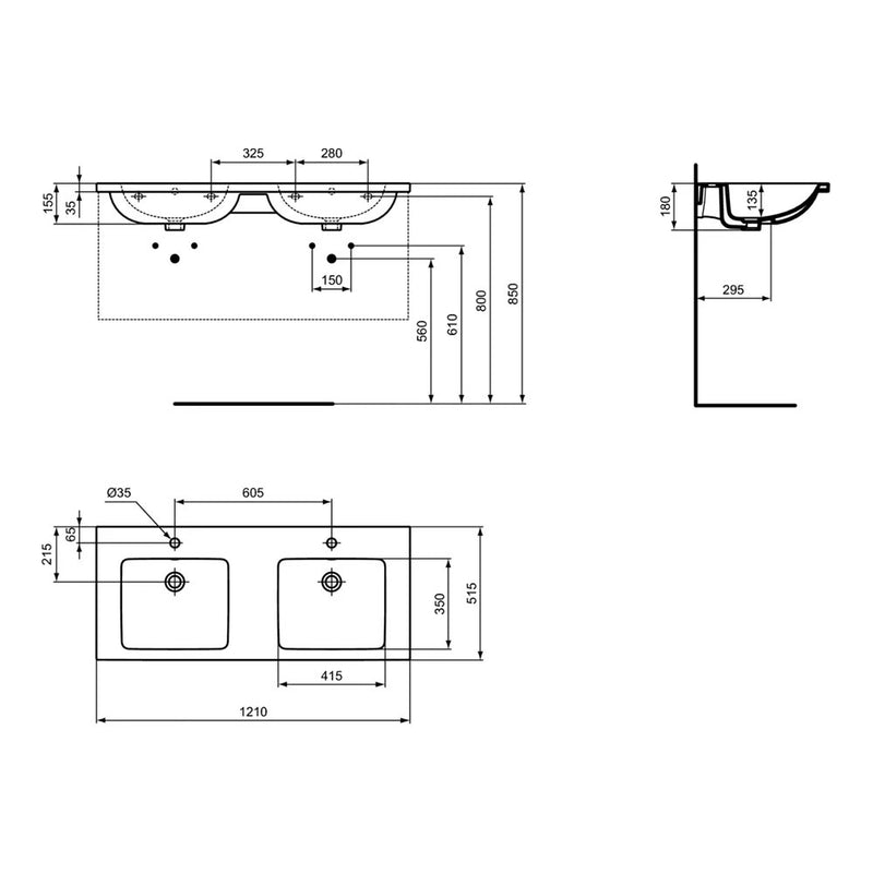 Lavabo Top da 121 cm  doppia vasca per installazione sospesa o su mobile da bagno Ideal Standard I.Life B Art T460201