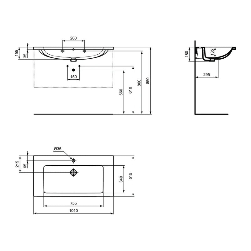 Lavabo Top da 100 cm per installazione sospesa o su mobile da bagno Ideal Standard I.Life B Art T460301