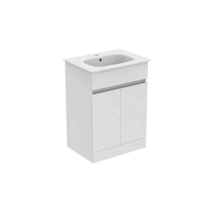 Mobile a terra con lavabo in ceramica da 64x46 con con due ante a chiusura rallentata finitura Bianco Laccato Lucido Ideal Standard Smart