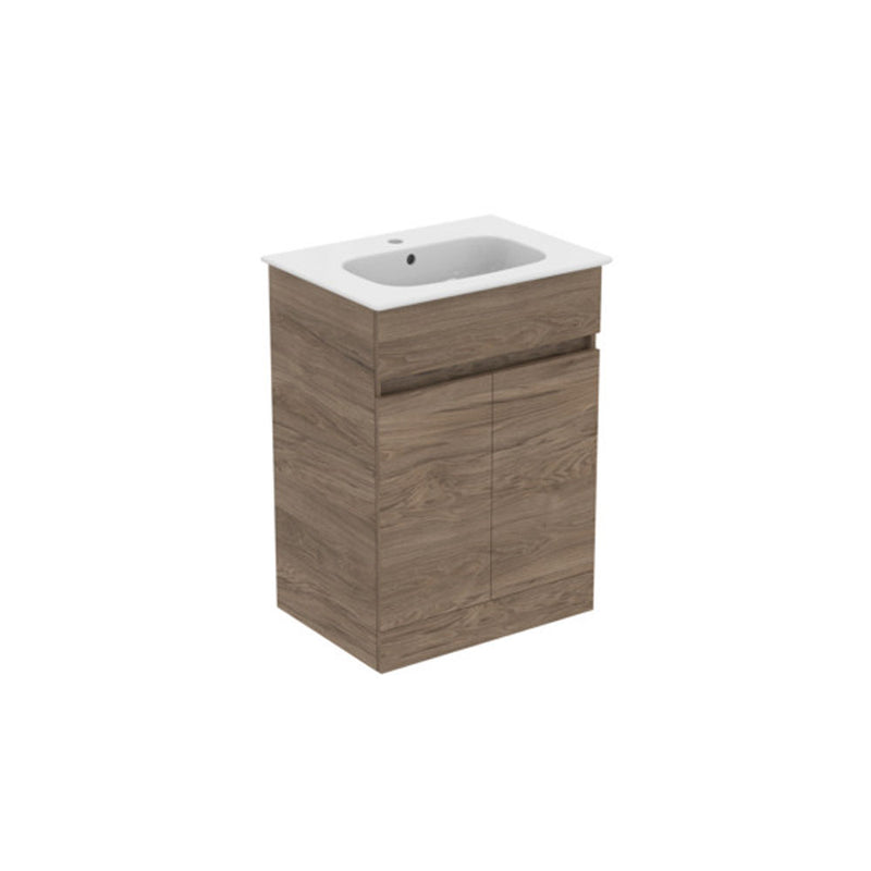 Mobile a terra con lavabo in ceramica da 64x46 con con due ante a chiusura rallentata finitura Noce Americano Scuro Ideal Standard Smart