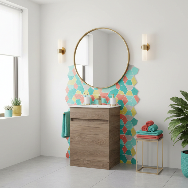 Mobile a terra con lavabo in ceramica da 64x46 con con due ante a chiusura rallentata finitura Noce Americano Scuro Ideal Standard Smart