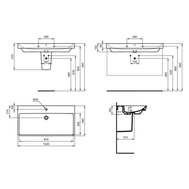 Lavabo da Appoggio Sospeso Ideal Standard I.LIFE B 102X47 Con foro rubinetto