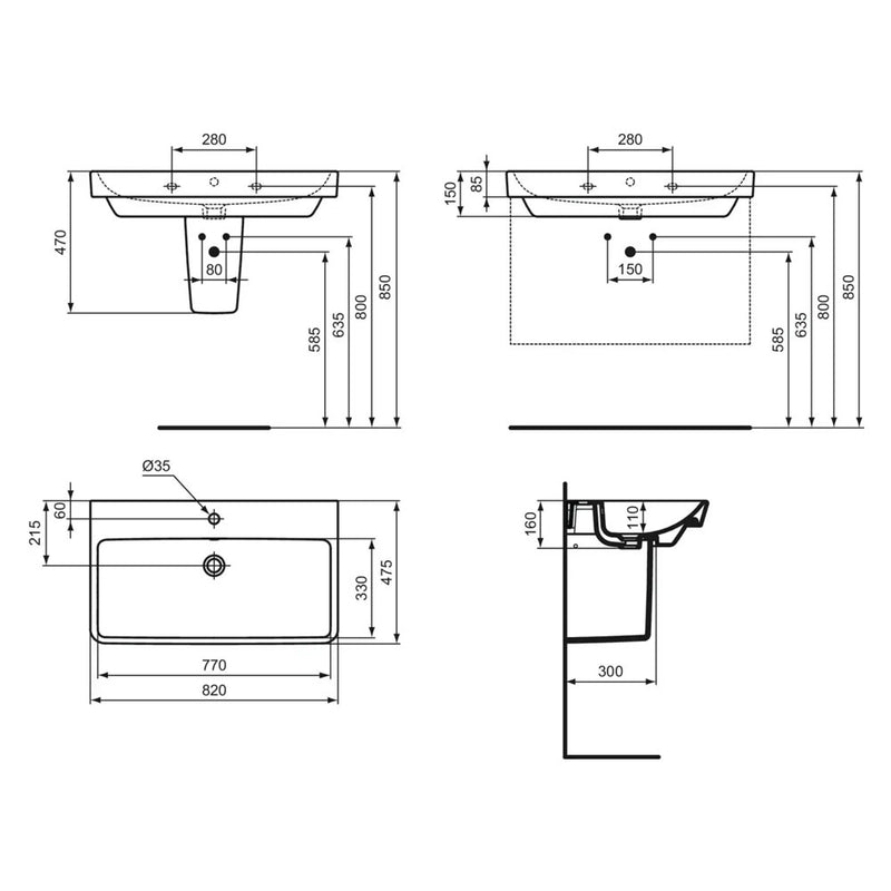 Lavabo da Appoggio Sospeso Ideal Standard I.LIFE B 82X47 Con foro rubinetto