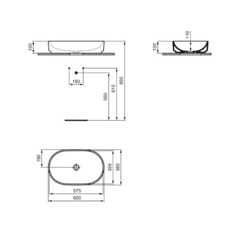 Lavabo da appoggio Ideal Standard  I.LIFE Ovale 60X38 Senza foro rubinetto ART T573101