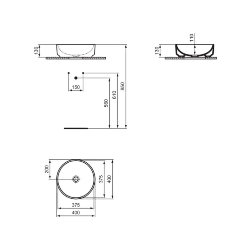 Lavabo da appoggio Ideal Standard IS I.LIFE O Tondo diametro 50 cm senza foro rubinetto