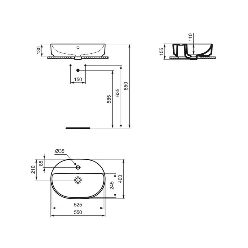 Lavabo da appoggio Ideal Standard I.LIFE O di forma  Ovale 55X36 con foro troppo pieno e foro rubinetto