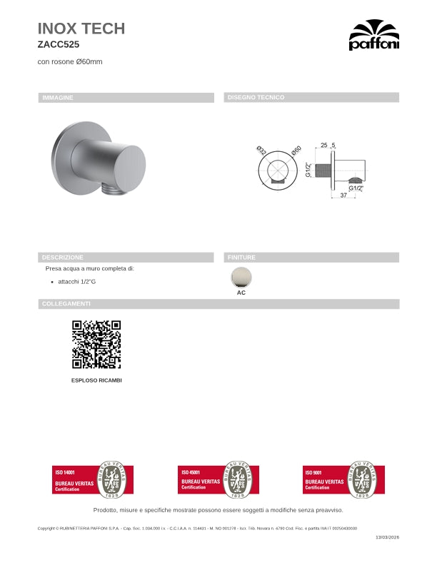 Presa acqua a muro  attacchi da 1/2"G finitura spazzolata Paffoni Inox Tech ZACC525AC
