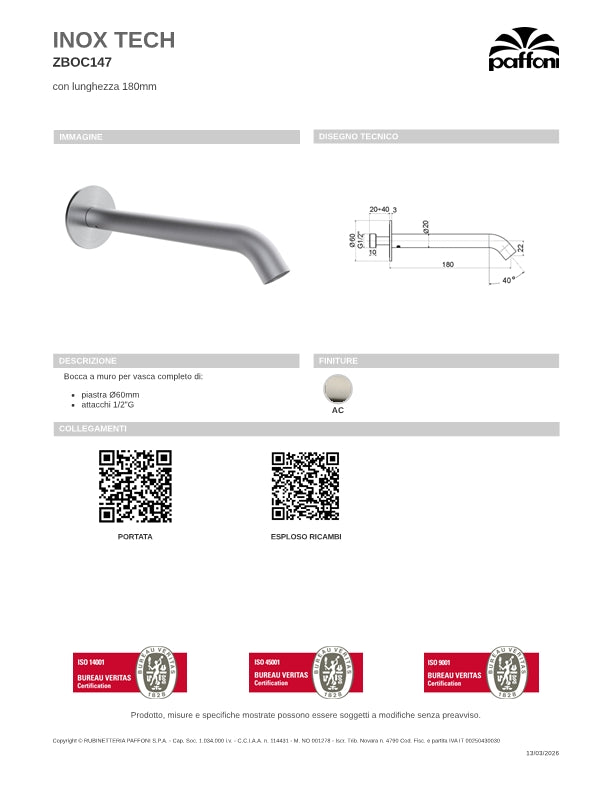 Bocca a muro da 180 mm per vasca completa di piastra da 60 mm finitura spazzolata Paffoni Inox Tech ZBOC147AC