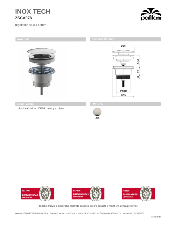 Scarico Clic-Clac 1"1/4G con troppopieno finitura spazzolata Paffoni Inox Tech ZSCA078AC