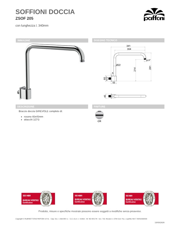 Braccio doccia GIREVOLE lungo 34 cm completo di rosone 60x45 mm Cromato Paffoni