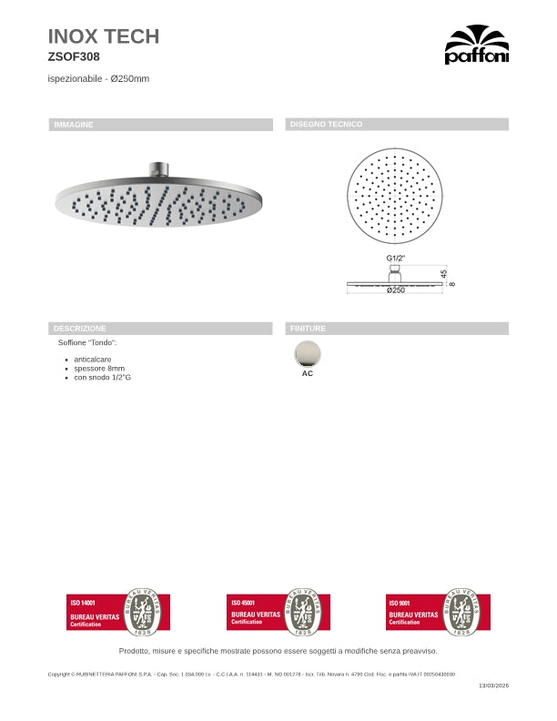 Soffione doccia tondo anticalcare spessore 8 mm diametro 250 mm snodato finitura spazzolata Paffoni Inox Tech ZSOF308AC
