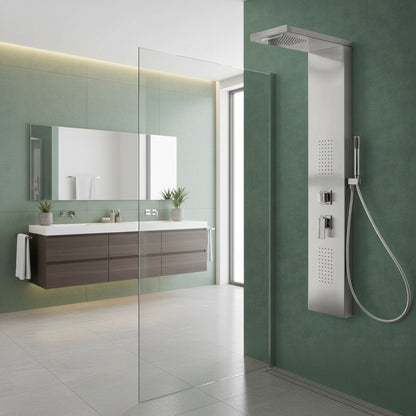Pannello Doccia in acciaio inox spazzolato con miscelatore a 4 vie soffione con cascata, idromassaggio, flessibile e doccetta Agata