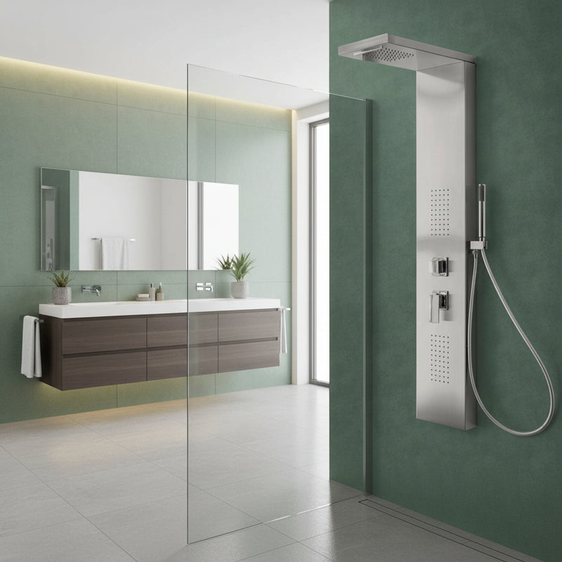 Pannello Doccia in acciaio inox spazzolato con miscelatore a 4 vie soffione con cascata, idromassaggio, flessibile e doccetta Agata