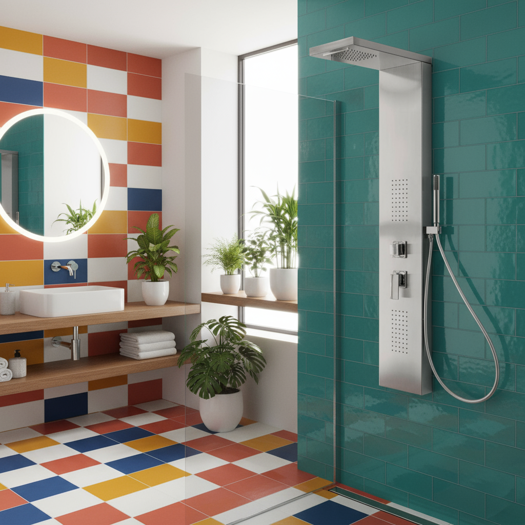 Pannello Doccia in acciaio inox spazzolato con miscelatore a 4 vie soffione con cascata, idromassaggio, flessibile e doccetta Agata