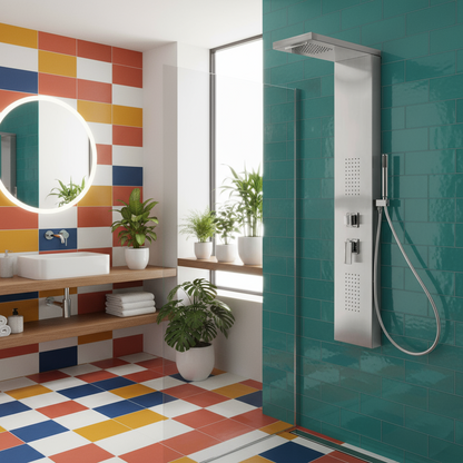 Pannello Doccia in acciaio inox spazzolato con miscelatore a 4 vie soffione con cascata, idromassaggio, flessibile e doccetta Agata