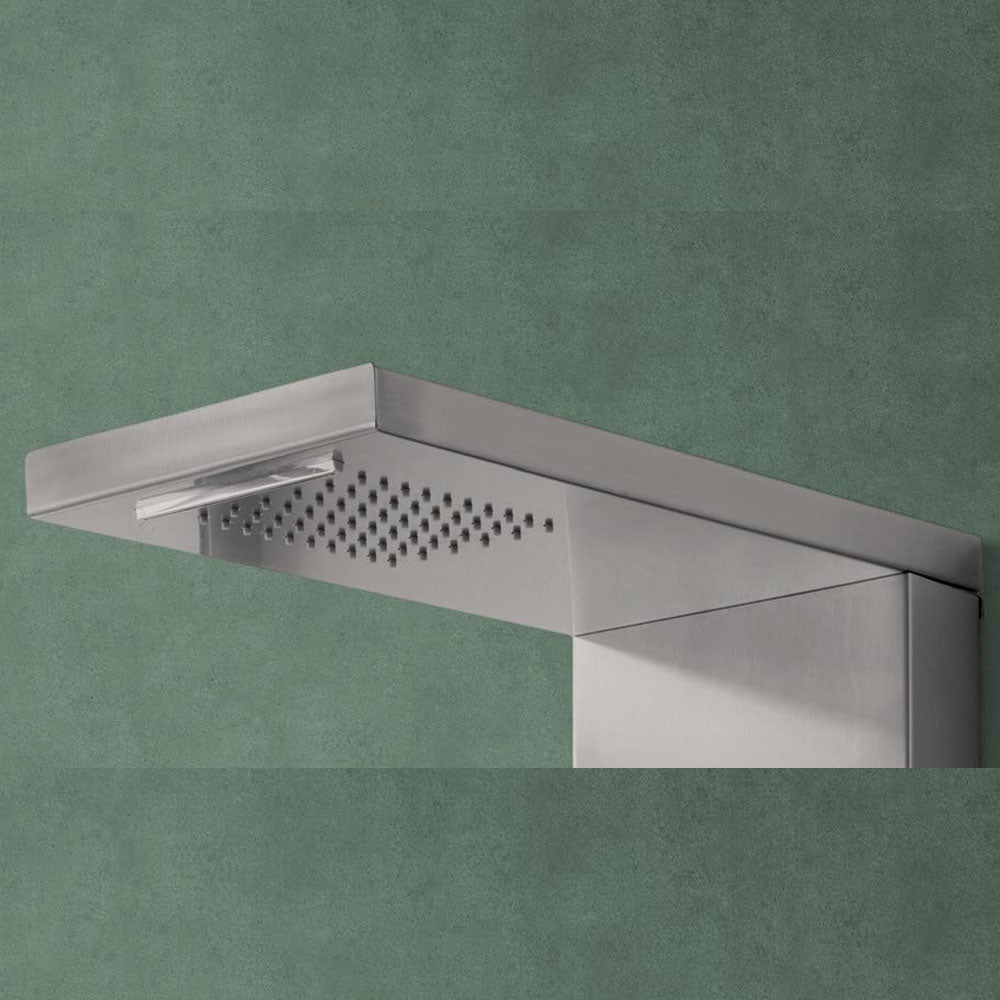 Pannello Doccia in acciaio inox spazzolato con miscelatore a 4 vie soffione con cascata, idromassaggio, flessibile e doccetta Agata