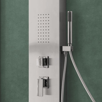 Pannello Doccia in acciaio inox spazzolato con miscelatore a 4 vie soffione con cascata, idromassaggio, flessibile e doccetta Agata