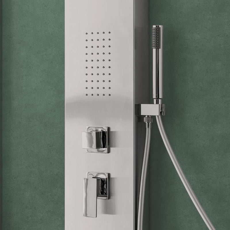 Pannello Doccia in acciaio inox spazzolato con miscelatore a 4 vie soffione con cascata, idromassaggio, flessibile e doccetta Agata
