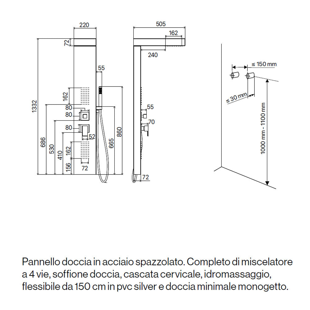 Pannello Doccia in acciaio inox spazzolato con miscelatore a 4 vie soffione con cascata, idromassaggio, flessibile e doccetta Agata
