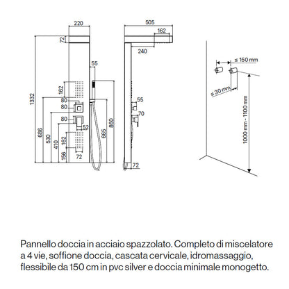 Pannello Doccia in acciaio inox spazzolato con miscelatore a 4 vie soffione con cascata, idromassaggio, flessibile e doccetta Agata