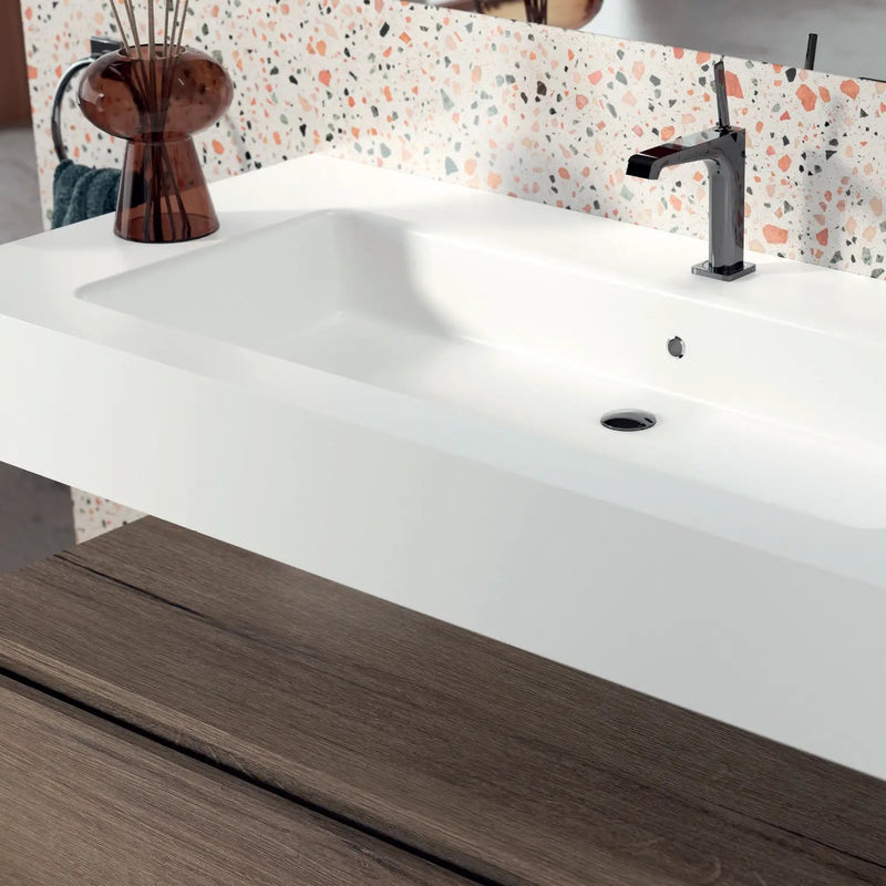 Mobile bagno sospeso Sun 100 cm con lavabo in marmoresina e specchio con lampada LED - Olmo Sabbia