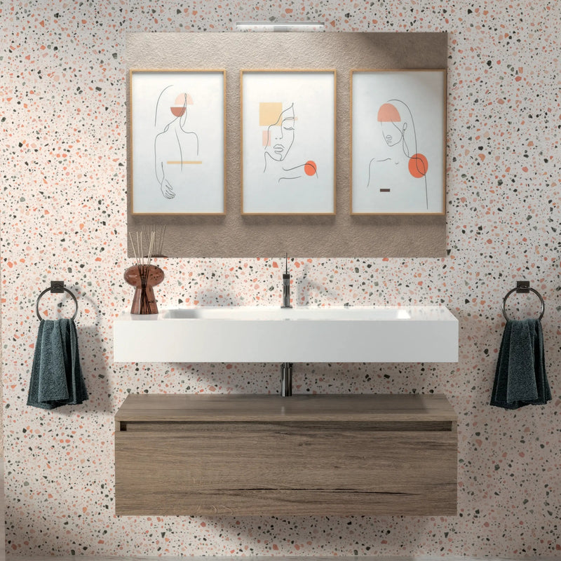 Mobile bagno sospeso Sun 100 cm con lavabo in marmoresina e specchio con lampada LED - Olmo Sabbia