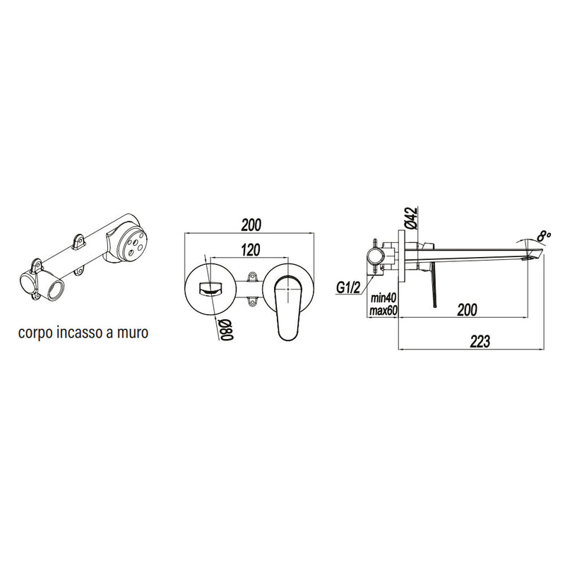 Miscelatore monocomando lavabo a muro RubiFlux serie Ampra - Cromo