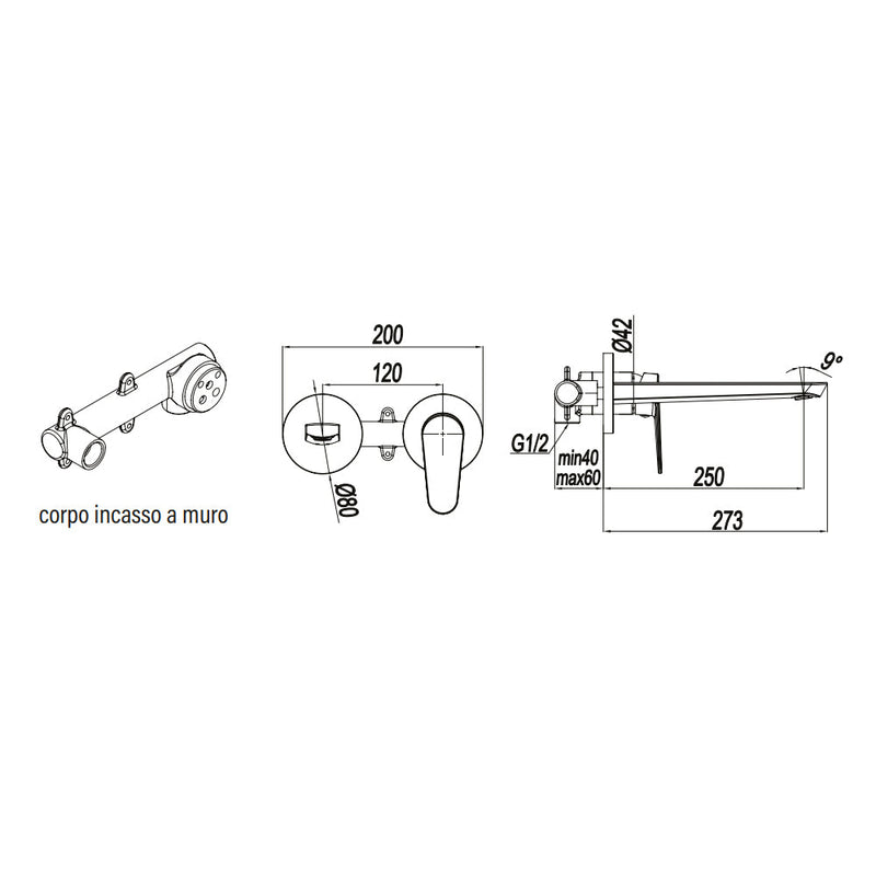 Mezclador monomando para lavabo de pared RubiFlux serie Ampra - Cromo