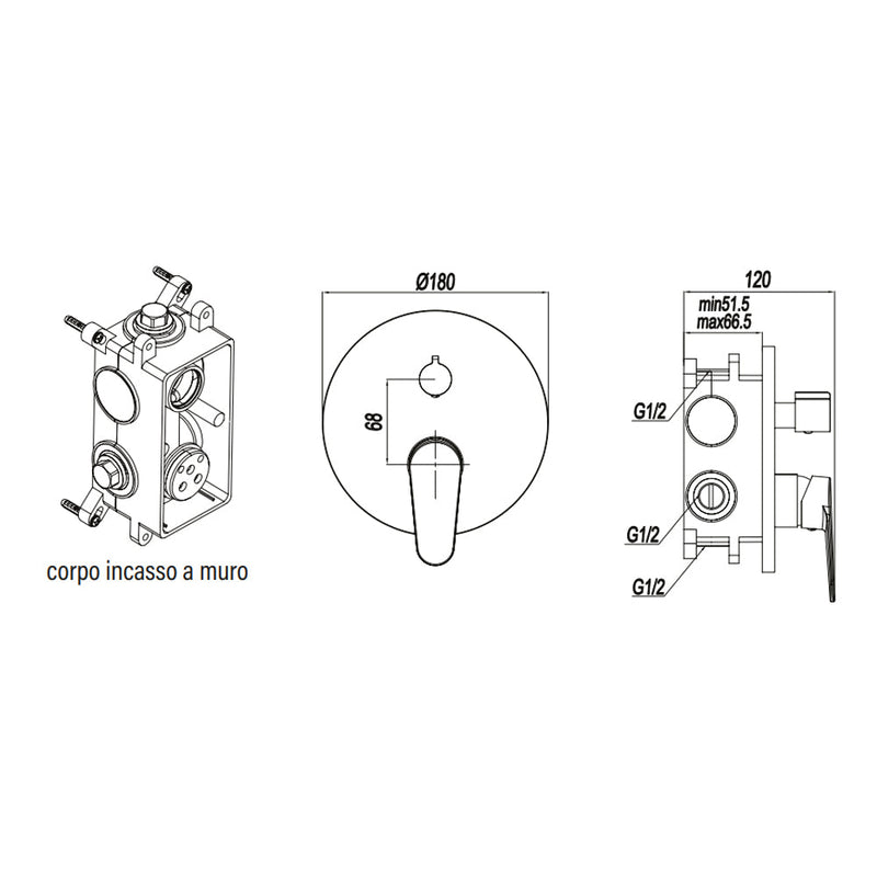 Mezclador monomando empotrado para ducha con desviador RubiFlux serie Ampra - Cromo