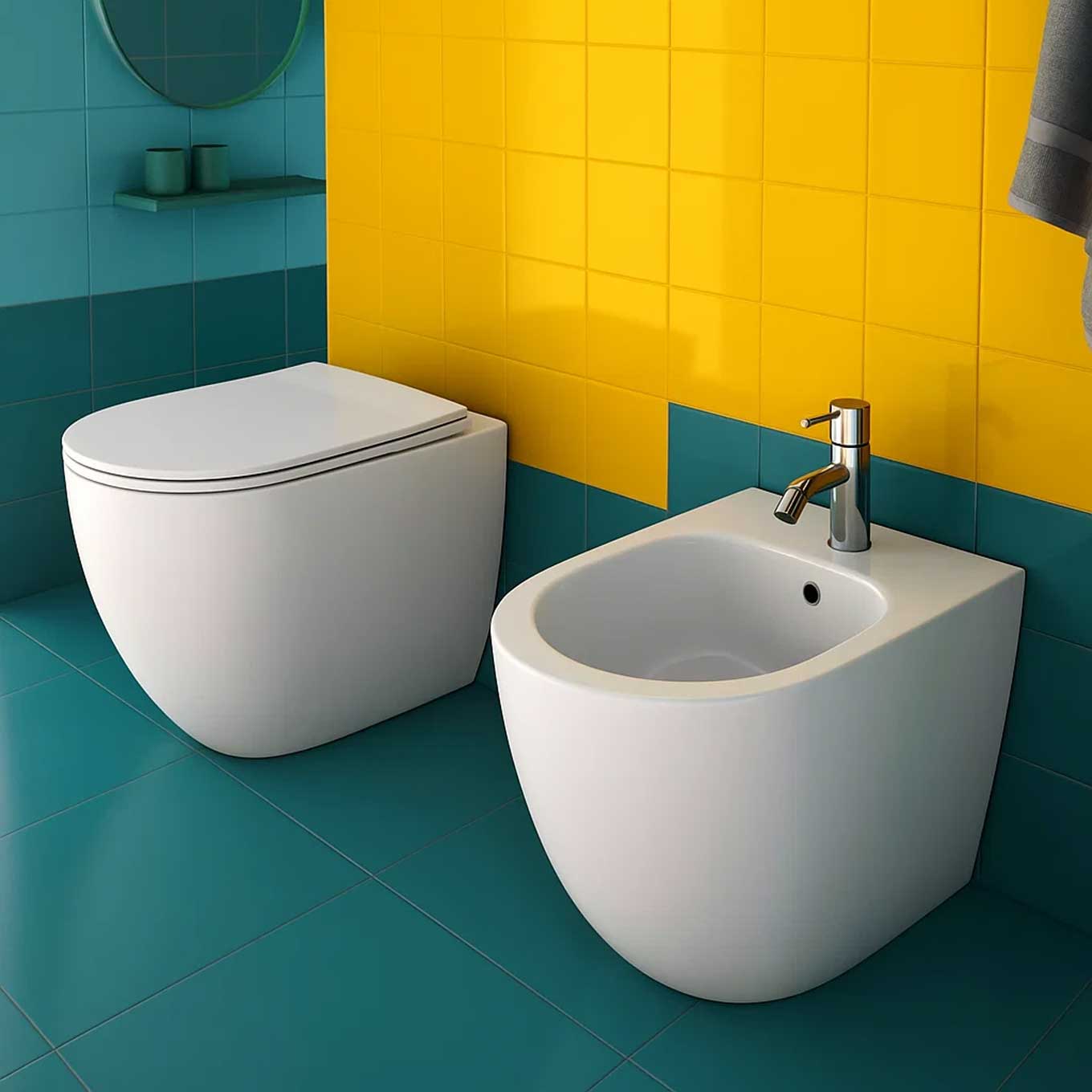 Sanitari filomuro BathCore serie Aria Special Traslato con Copriwater Soft Close 56x36 x H42 cm - Bianco Lucido