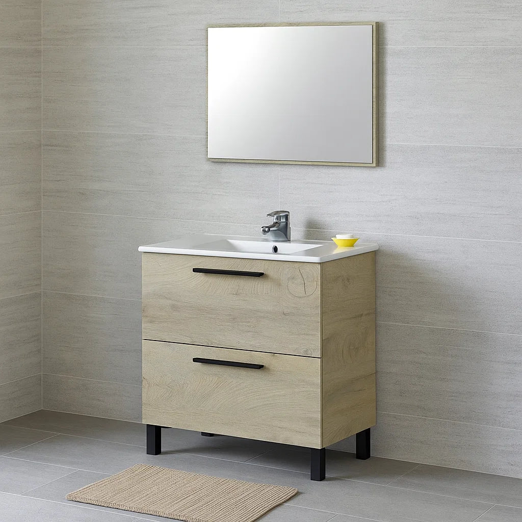 Mobile bagno Line 2 cassetti con lavabo e specchio color Rovere Alaska cm 80