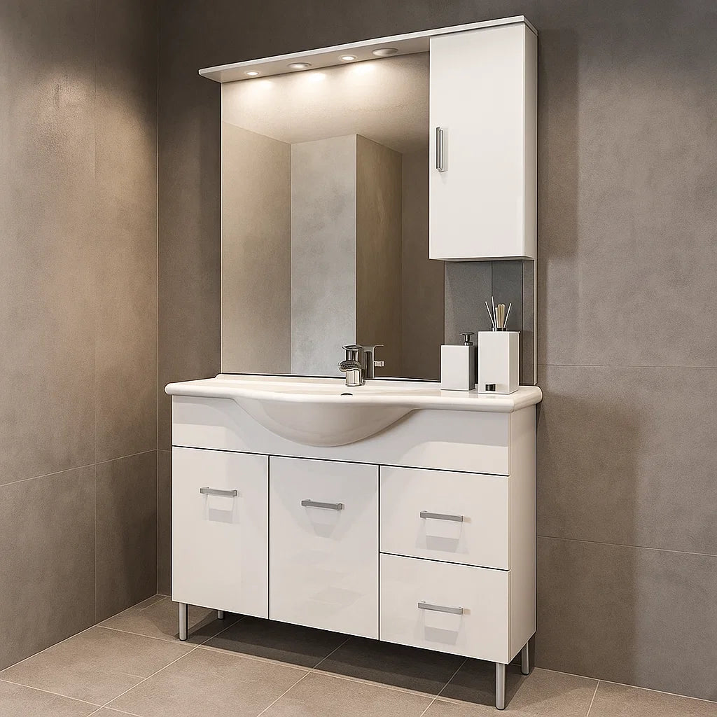 Mobile bagno a terra con lavabo, specchio e pensile modello Jour cm 105 in nobilitato rifinitura bianco lucido