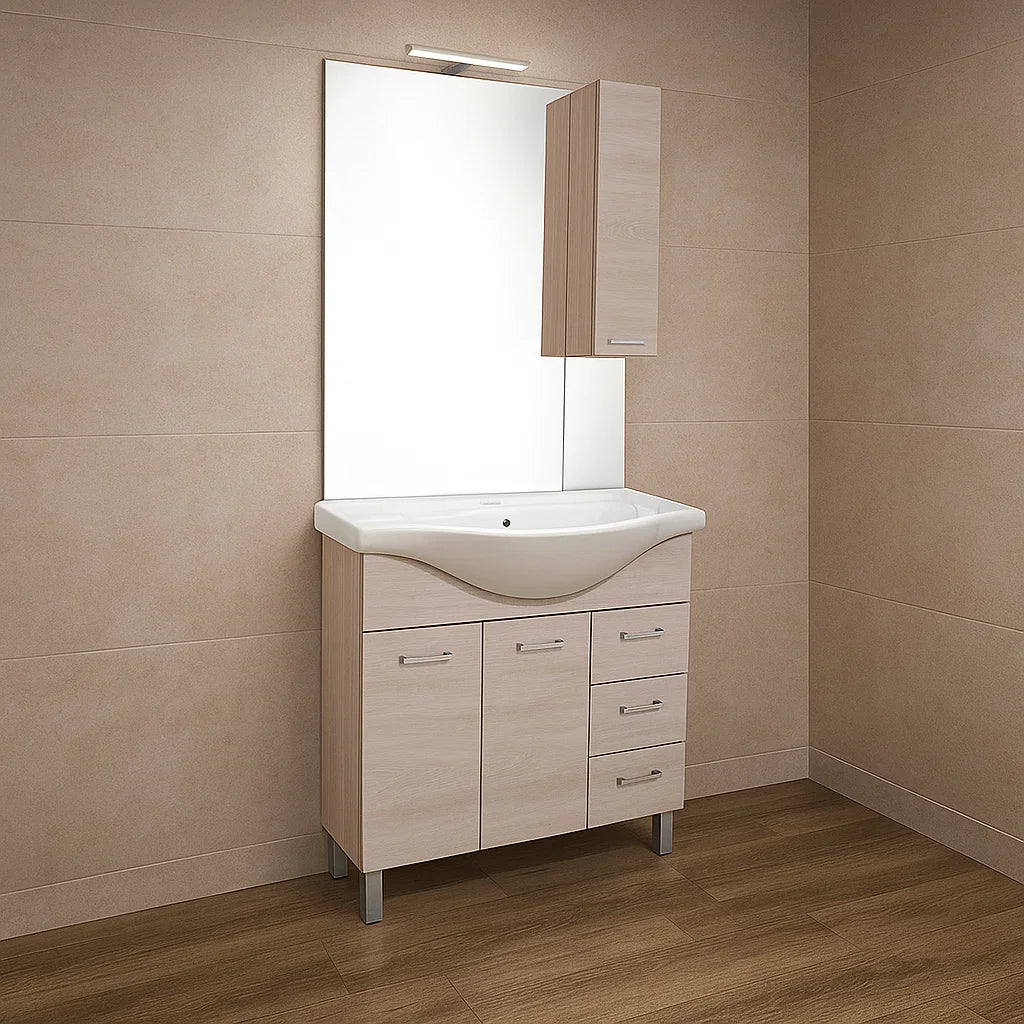 Mobile bagno modello Arianna con base 2 ante, Lavabo 85 e Specchiera finitura Olmo Bianco