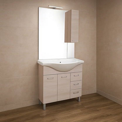 Bathroom cabinet model Arianna with 2-door base, 85 sink and mirror with White Elm finish