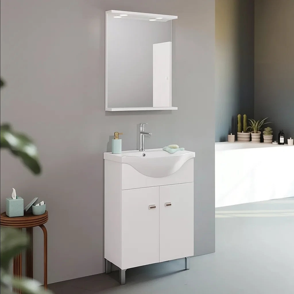 Mobile bagno a terra con specchiera e lavabo integrato Cubi&Co modello Savio 65 cm - Bianco Lucido