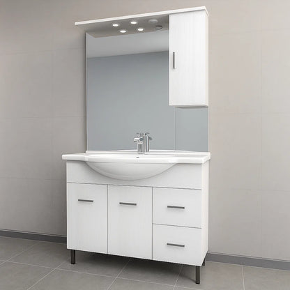 Bodenschrank mit Türen, Schubladen, Waschbecken, Spiegel und Hängeschrank Modell Jour 105 cm in weißem Lärchen-Nobilitato