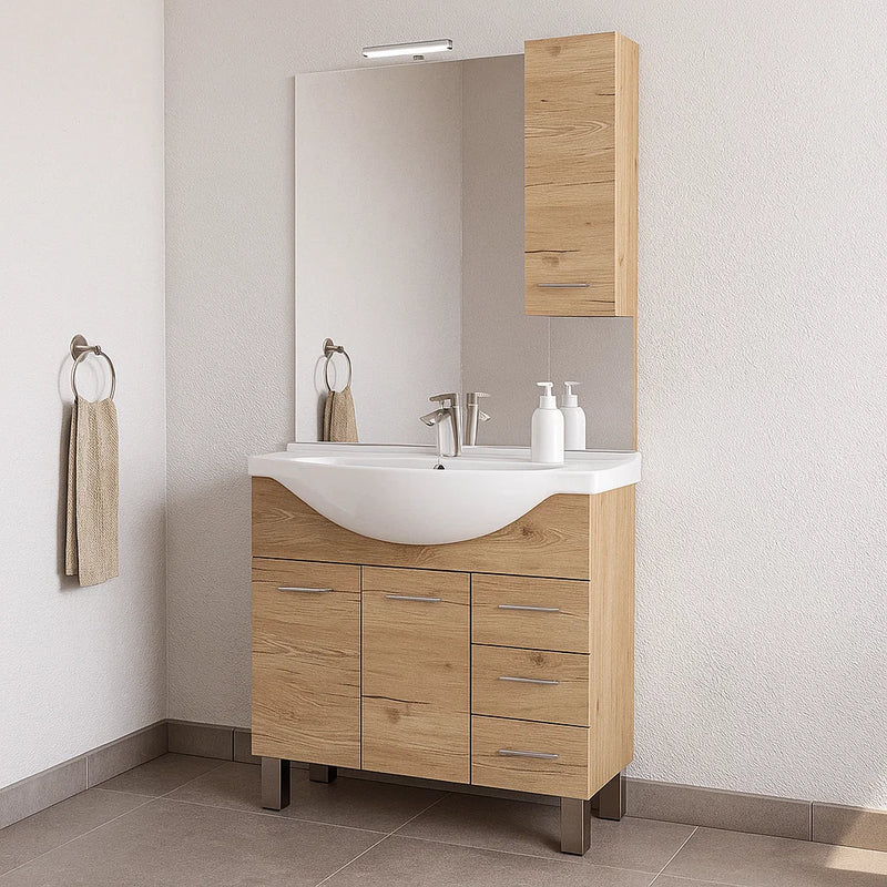 Mueble de baño modelo Arianna con base 2 puertas, Lavabo 85 y Espejo acabado Roble Natural