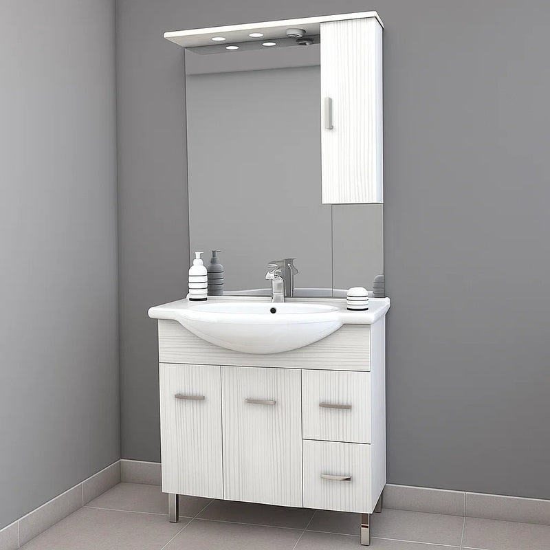 Floor-standing bathroom cabinet with two doors, two drawers, ceramic sink, mirror, and wall cabinet model Jour in white larch wood veneer