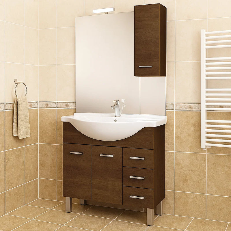 Mobile bagno modello Arianna con base 2 ante, Lavabo 85 e Specchiera finitura Olmo Caffé