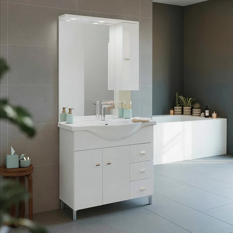 Mueble de baño móvil con lavabo y espejo blanco brillante cm 86