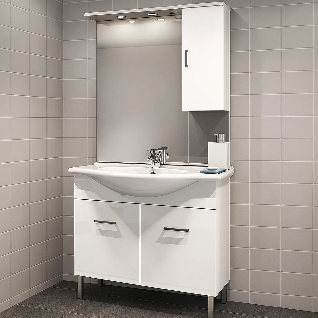 Mobile bagno a terra a due ante con lavabo, specchio e pensile modello Jour in nobilitato rifinitura bianco lucido