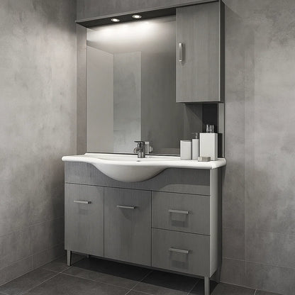 Mobiles Badezimmer mit zwei Türen, Keramikwaschbecken, Spiegel und Hängeschrank Modell Jour 105 cm in grauer Lärchen-Nobilitierung