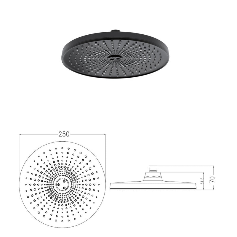 Soffione monogetto in ABS. Finitura nero. Diametro 250 mm. modello Augusta