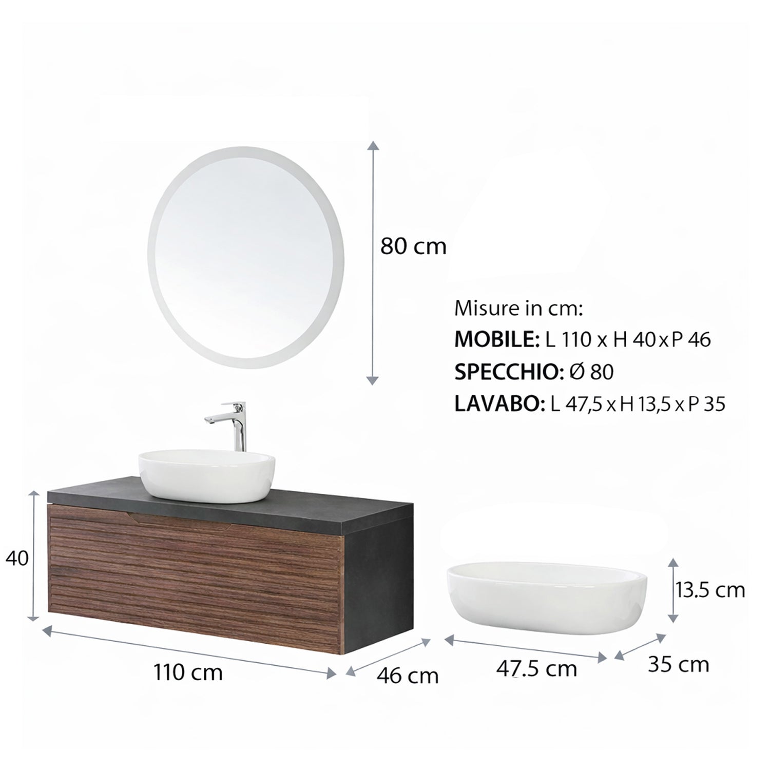 Mobile bagno sospeso Axis 110 cm in noce canaletto e ardesia con lavabo e specchio