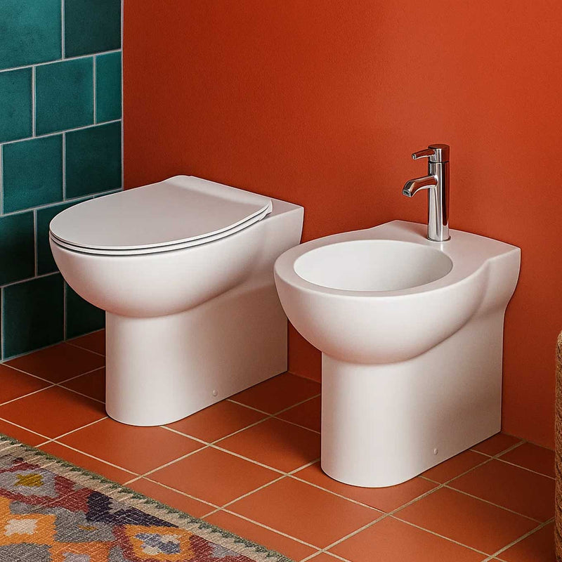 Sanitaire mural céramique bleue rapide WC + bidet + siège à fermeture douce slim