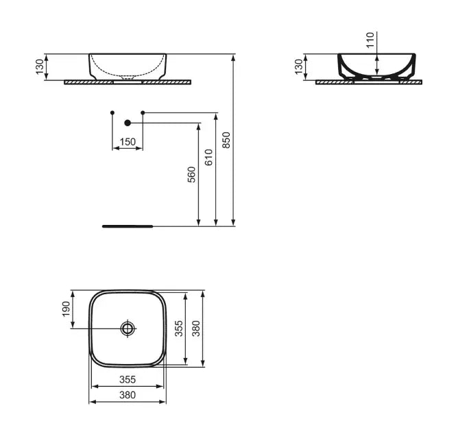 Lavabo da appoggio Ideal Standard  I.LIFE B VQuadrato 38X38 cm Senza foro troppo pieno