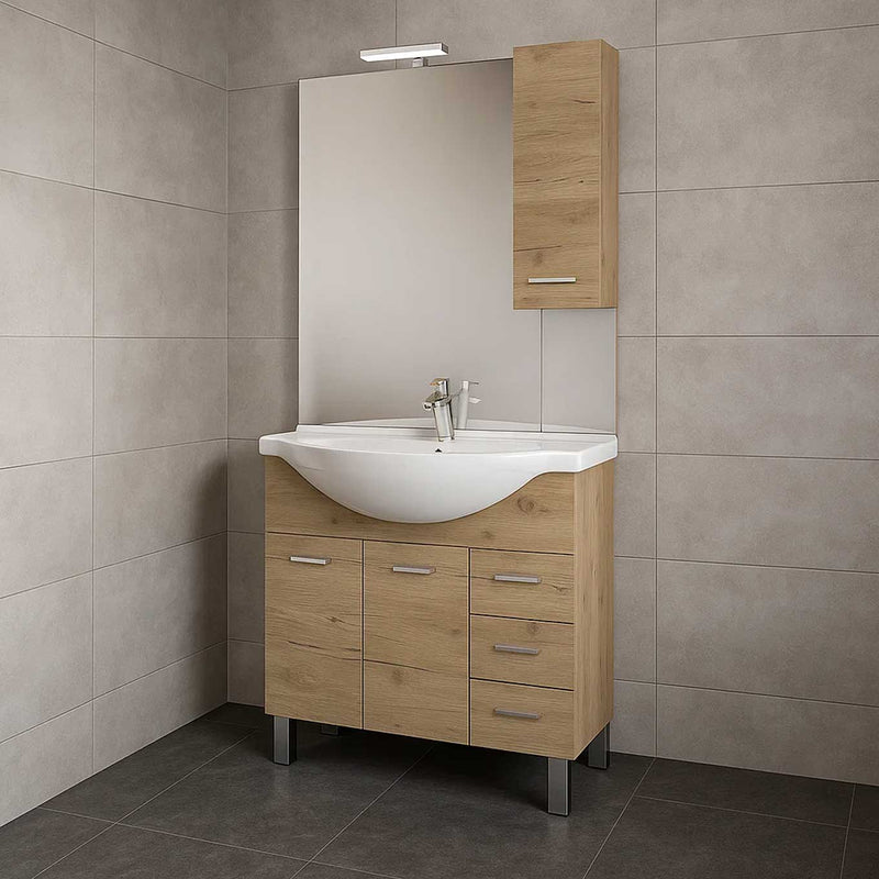 Meuble de salle de bain modèle Arianna avec base 2 portes, Lavabo 75 et Miroir finition Chêne Naturel
