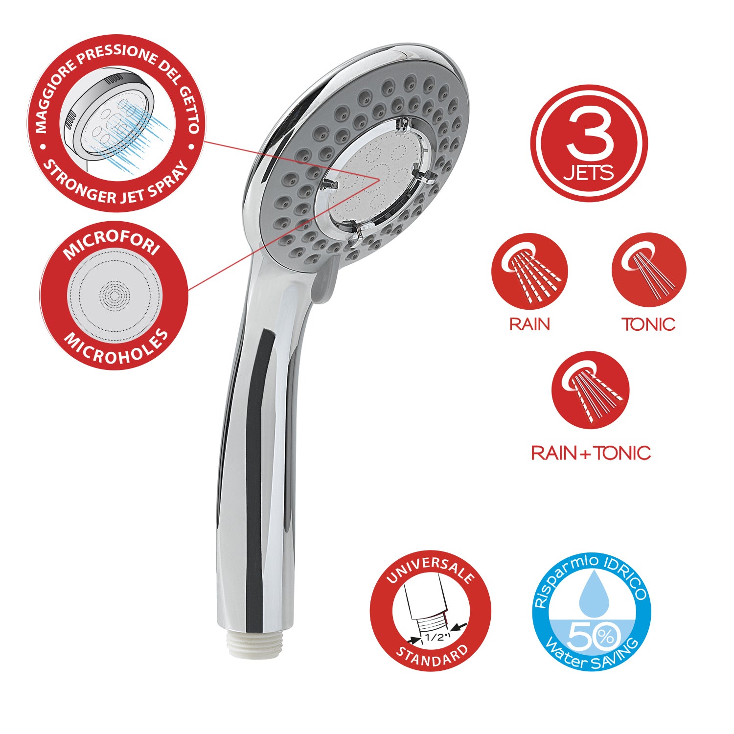 Doccetta 3 getti in Acciaio Inox AISI 304/ABS modello Top 03 Tonic di Gedy - Cromato by CeramicStore | Lo specialista del tuo bagno