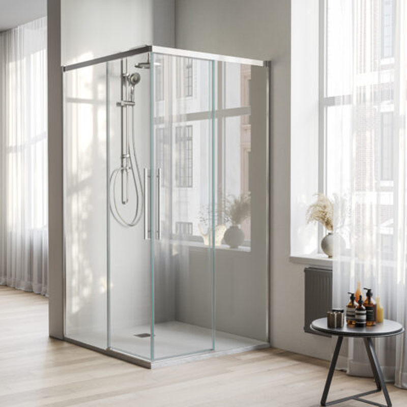 Box doccia angolare scorrevole soft close Run 90x140 cm con vetro 8 mm anticalcare e altezza 200 cm - Cromo
